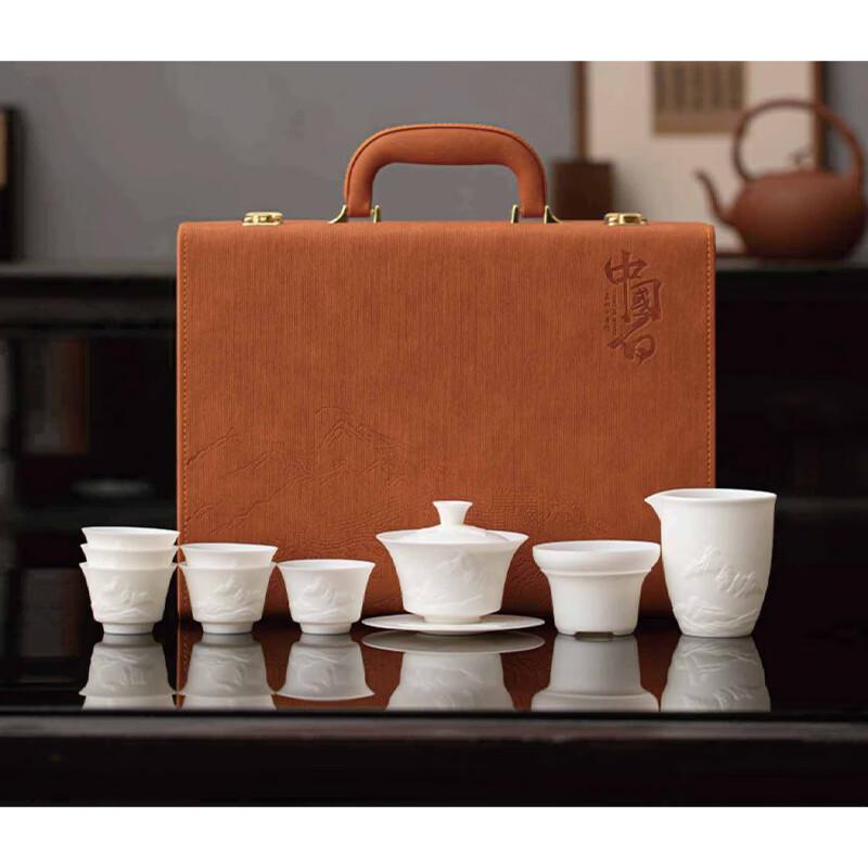 SUSHI CERAMICS Mountains and Rivers Mutton-fat Jade Porcelain Gaiwan Tea Set