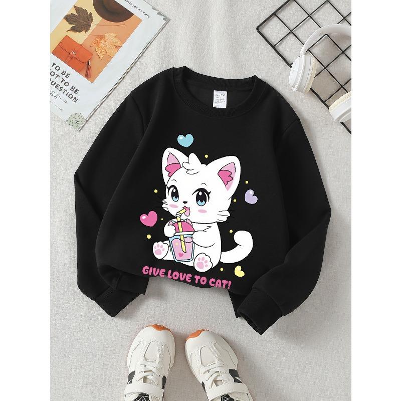 Kids Sweatshirt, Crew Neck Fashion Top, Fun"Cute Cat Drink Love "patterned Sweatshirt, Suitable for Everyday Casual Wear