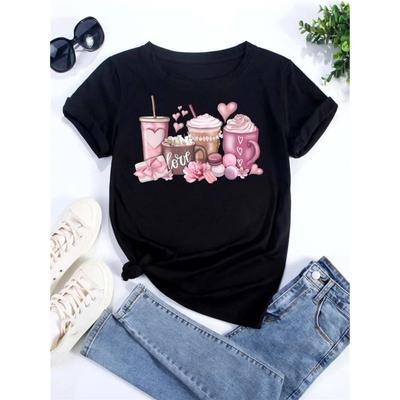 Summer Round Neck 3D Coffee Cup Print Top Fashionable Casual Short Sleeved Women's T-shirts