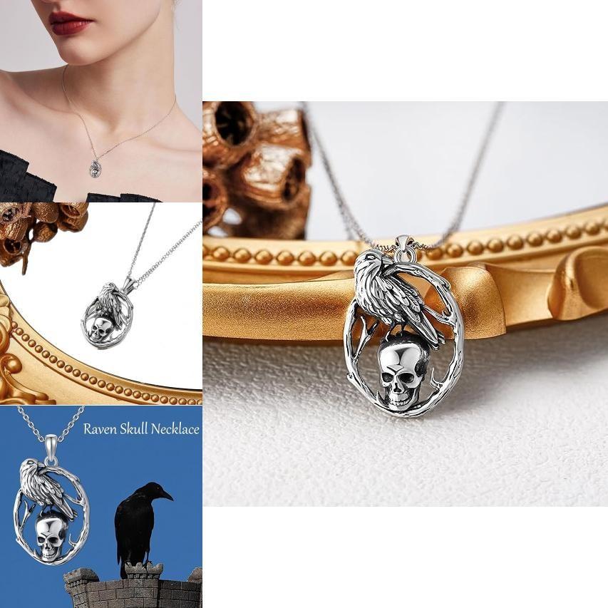 Halloween Skull Pendant Necklace With Crow Shape Design For Gothic Fashion Enthusiasts