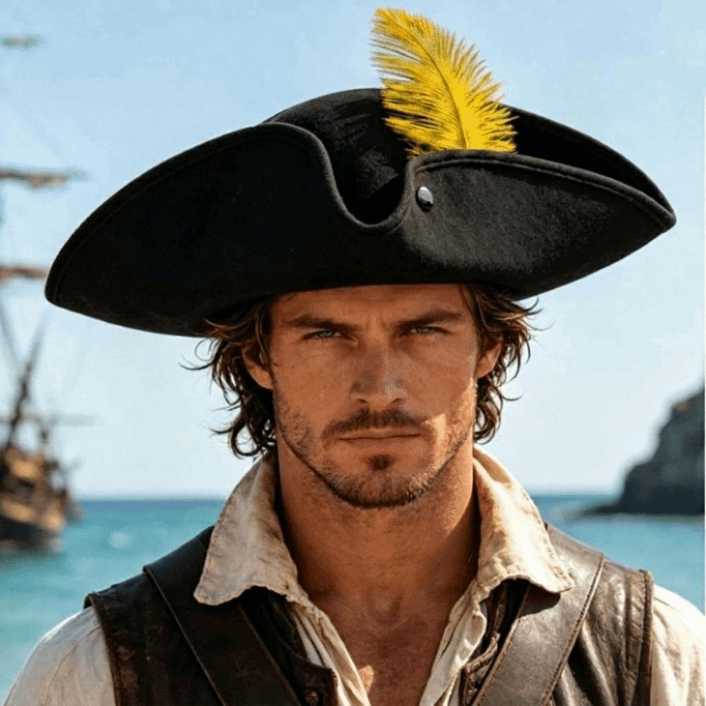 Classic Retro Tricorn Hat Wide Brim Pirate Headwear Pirate Feathers Hat Halloween Party