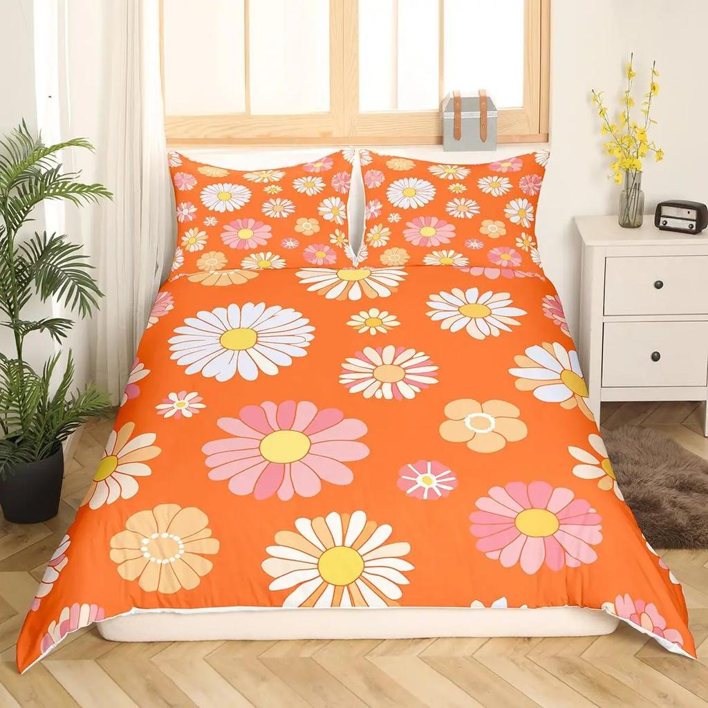Bettdecke Retro Blumen Aquarell Gelb Floral Grüne Blätter Pflanze Bettdecke Und 2 K Bunter Stil Bettwäsche-Set