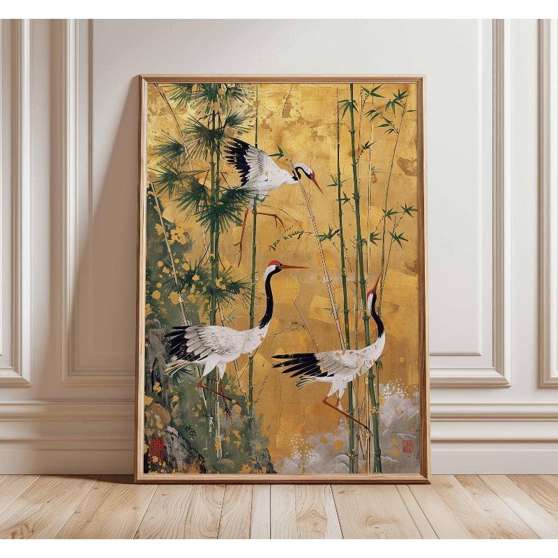 Japanische Elegante Kraniche Natur Poster Fliegende Kraniche in Gold und Weiß Leinwandbild Asiatische Wandkunst Wohnzimmer Heimdekoration