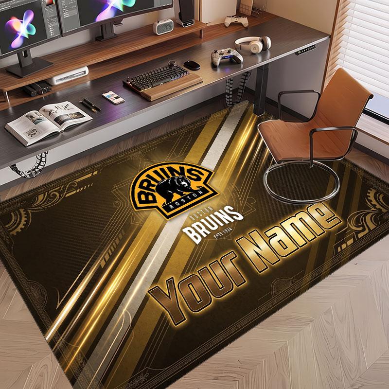 Custom Rug Boston Bruins Pattern Print Name Text Soft Non‑Slip Floor Carpet for Home Indoor Decoration