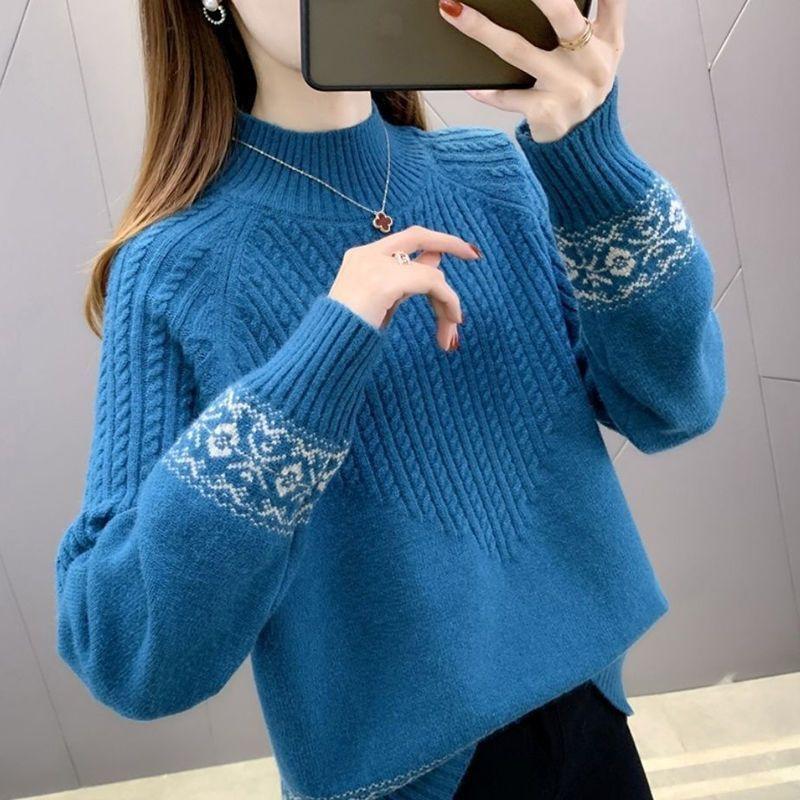 Autumn Winter Women's Half Turtleneck Sweater Loose Thick Pullover Knitted Top Jacquard Elastic Knitted Top Jumper.