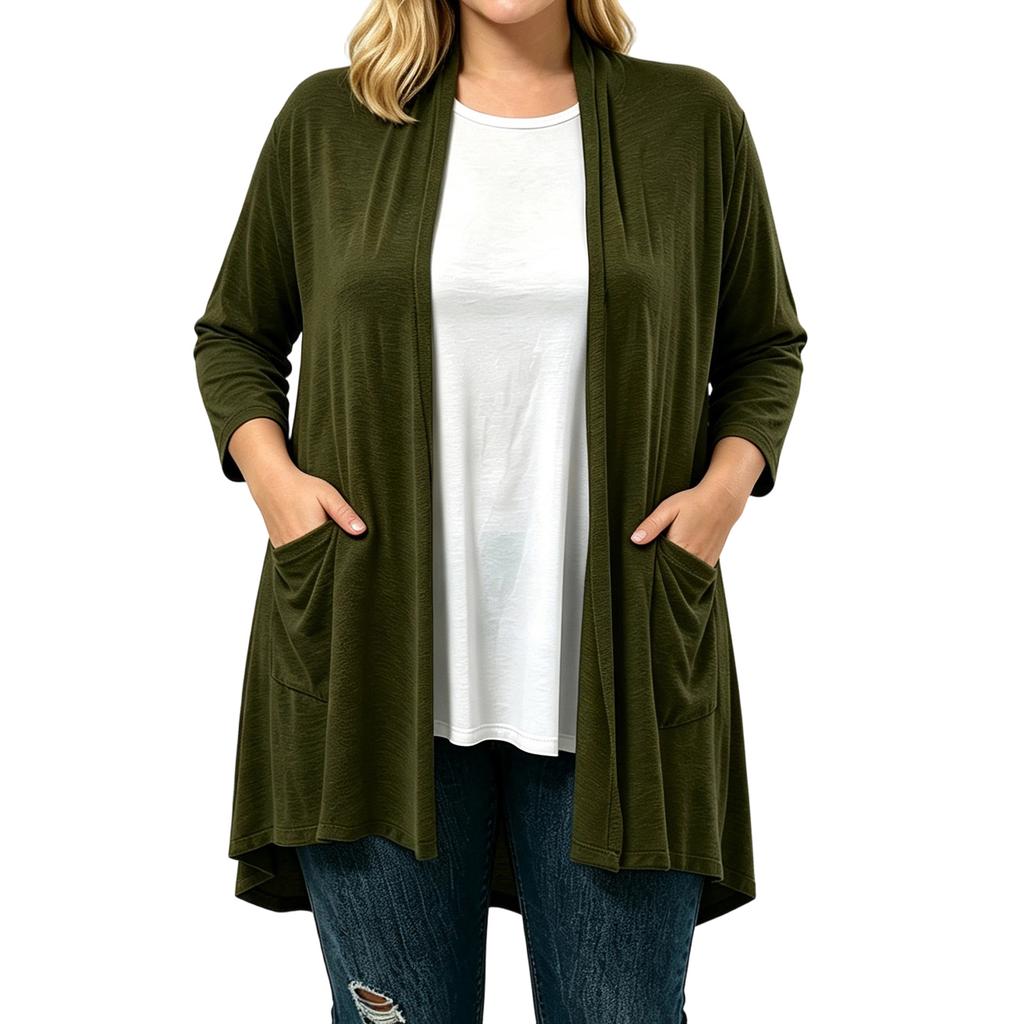 Women's Plus Size Soft Three-Quarter Sleeve Cardigan with Pockets