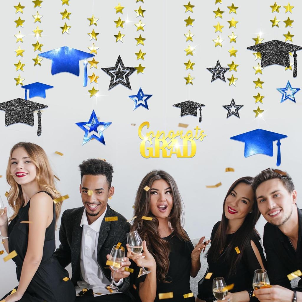 Cheerland Winter Graduation Party Decorations Blue and Gold Hanging Photo Backdrop Kit Congrats Grad Giltter 2025 Hanging Wall Banner University High