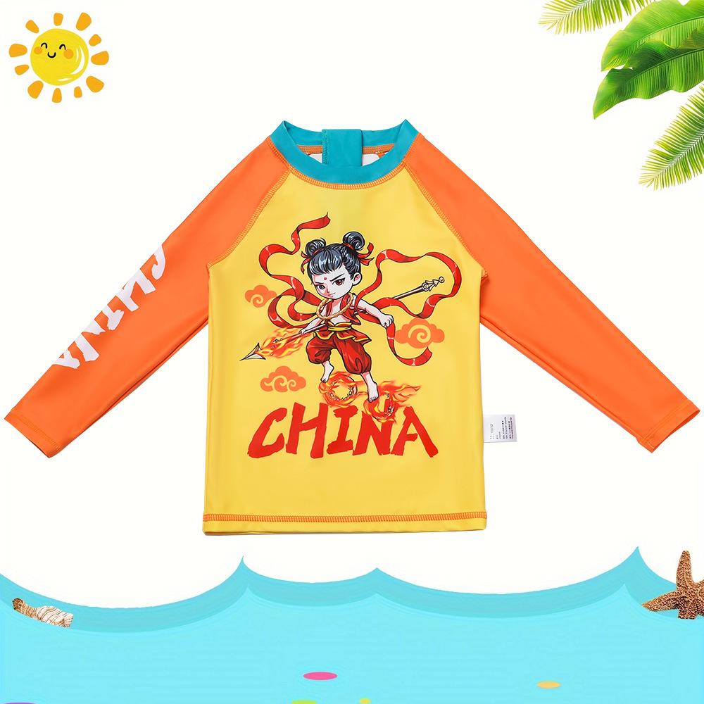 Nezha Boys' Cartoon Swimwear 3-Piece Set: Long Sleeve, Shorts, Seaside Style