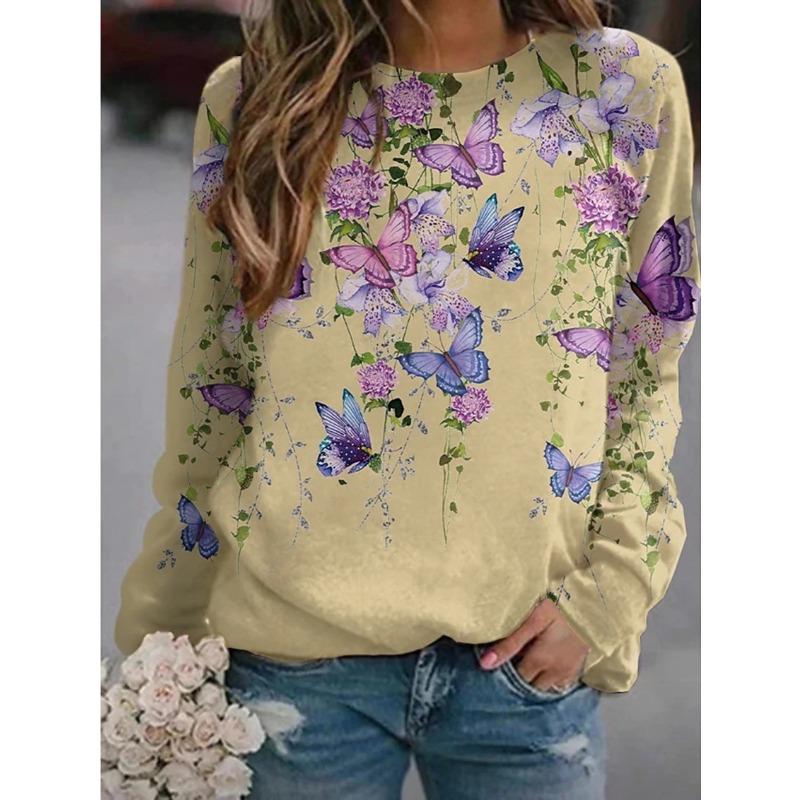 YYFS Women's Fashion Casual Spring Autumn Flower Pattern Print Long Sleeve O-Neck Blouses & Shirts