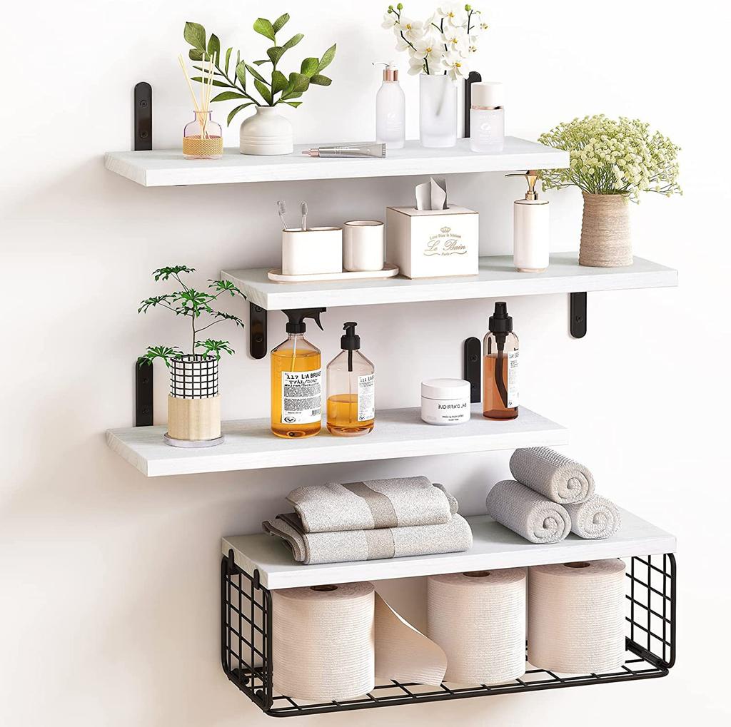 Natural Wood Bathroom Floating Shelves Bathroom Wall Mounted Towel Rack Toilet Paper Holder Home Accessories Garden Set of 4