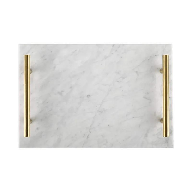 AhunderJiaz Natural Marble Jewelry Tray Vanity Tabletop Ornament with Gold Handles Bathroom Home Decor