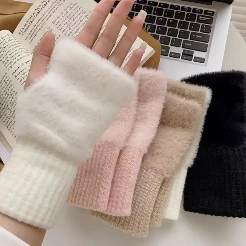 Ins Style Plush Fingerless Gloves, Capturing The Autumn and Winter Vibe, Warm Windproof Versatile Mittens for Office & Study Use