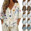 Womens V Neck Vintage Floral Print Loose Fit Short Sleeve Linen Blend T Shirt Lightweight Casual Summer Top with Button Detail