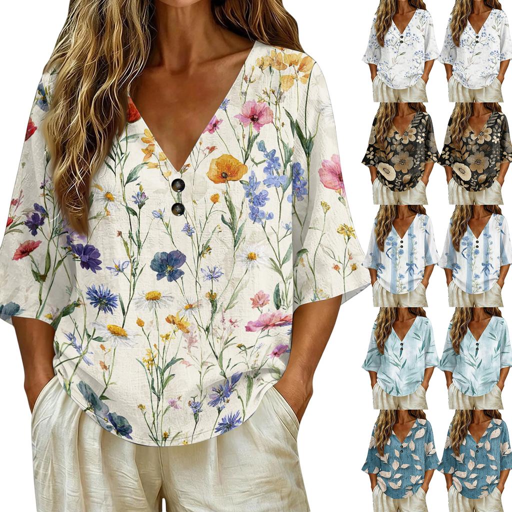 Womens V Neck Vintage Floral Print Loose Fit Short Sleeve Linen Blend T Shirt Lightweight Casual Summer Top with Button Detail