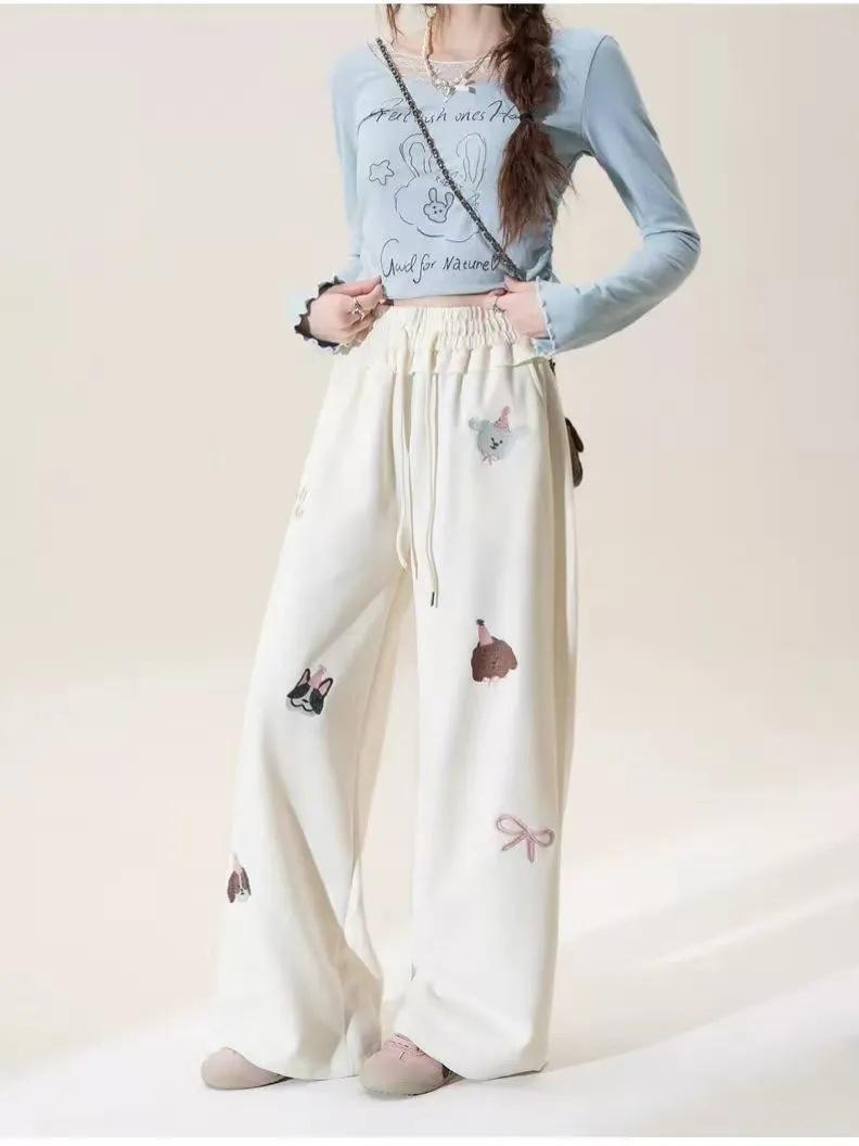 

Princess Style Cartoon Embroidered Wide-Leg Drawstring Pants for Women XL абрикосовый