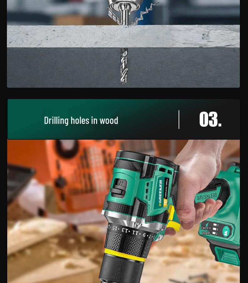 **Green Forest Impact Brushless Lithium Hand Drill: Multi-functional, High Power, Small Household Drill for Wall Chipping and Hole Drilling.**