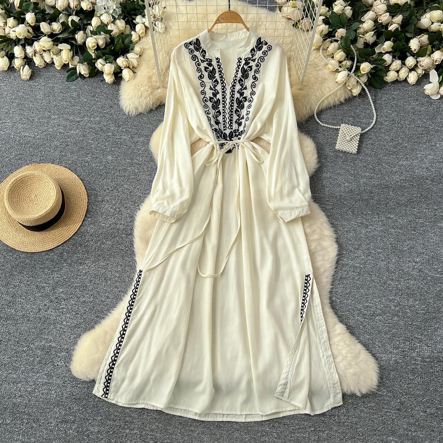 

Винтажное макси-платье для женщин с вышивкой, V-образным вырезом, длинным рукавом, женское платье со шнуровкой, с высокой талией, элегантные платья One Size белый