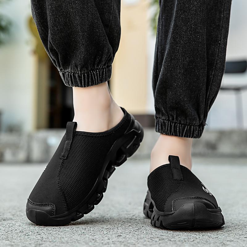 Black Mens Half Slippers Summer Breathable Mesh Mens Shoes Outdoor Casual Walking Shoes Large Size 46 Flat Light Mesh Sandals