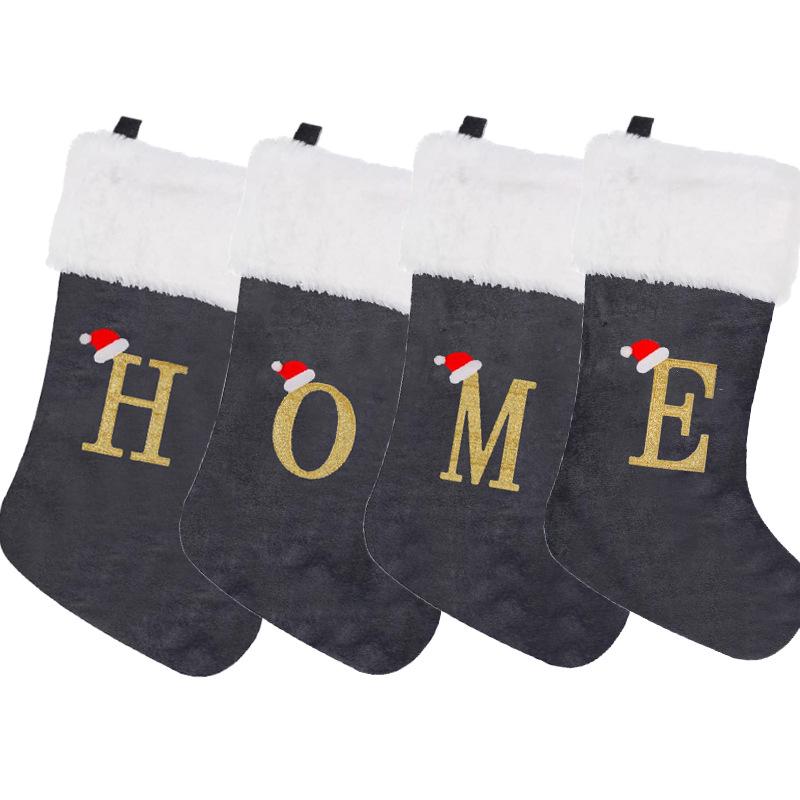 2026 Christmas Decorations: Grey Velvet Embroidery Letter Stocking Gift Bag