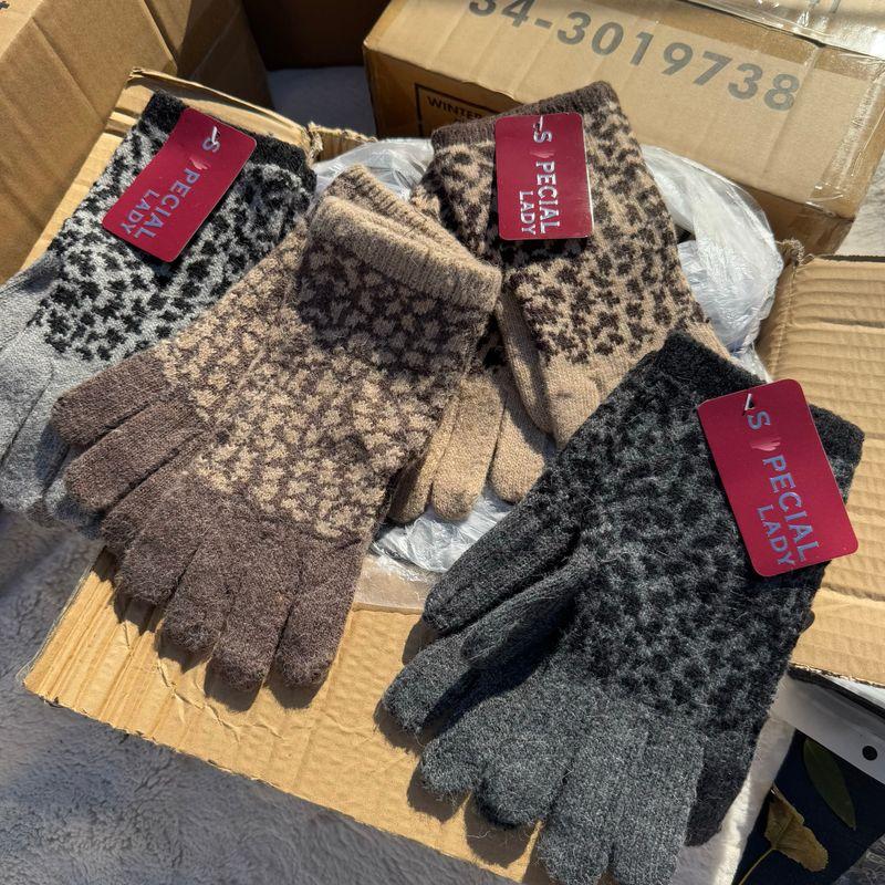 

40% Шерсть! Экспорт Экспорт Одинокие Мужчины и Женщины Пара Утолщенные Волшебные Пятипалые Перчатки Флисовая подкладка Heattech Велоспорт Защита от Холода Black Leopard finger