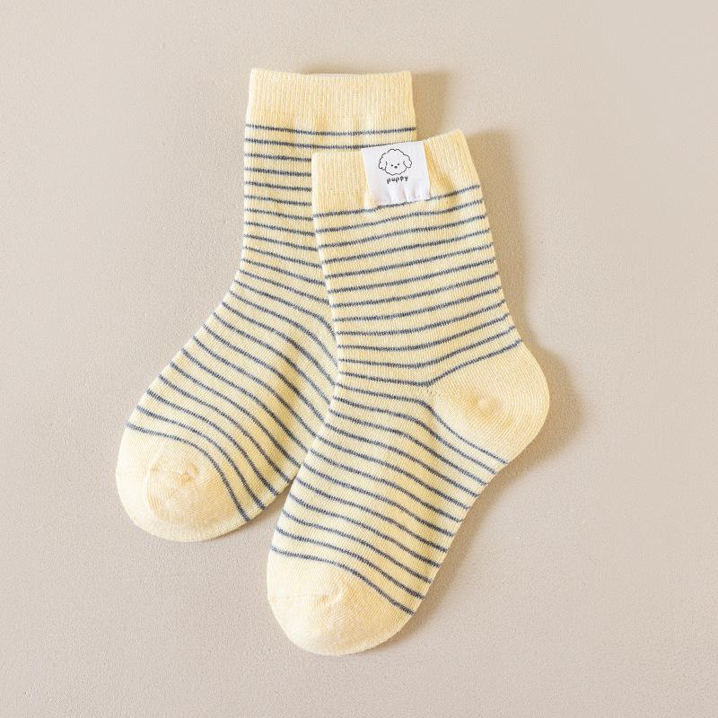 Korean Style Striped Mid-Calf Socks - Cute Cartoon Puppy Label for Kids