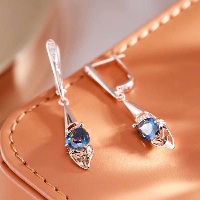 New  Rose Gold Color Long Dangle Earrings For Women Colorful Natural Zircon Bride Accessories Vintage Wedding Jewelry