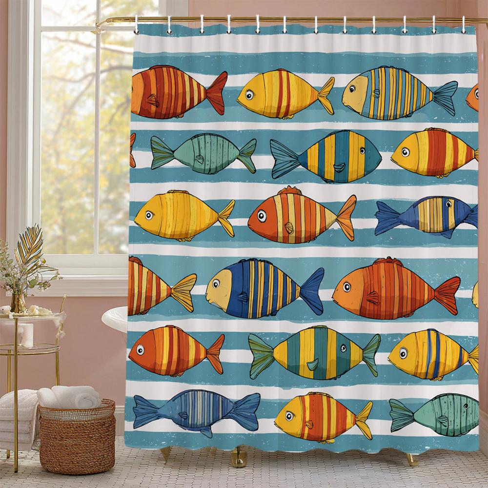 Cartoon cute fish children Shower Curtain, Bathroom Decorative Shower Curtain, Waterproof Shower Curtain with Hooks