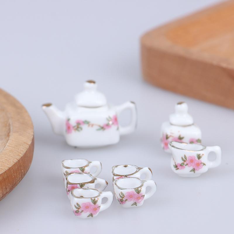 1/12 Dollhouse Miniature Dining Ware Porcelain Tea Set Tableware Cup Plate Colorful Floral Print Doll House Accessories