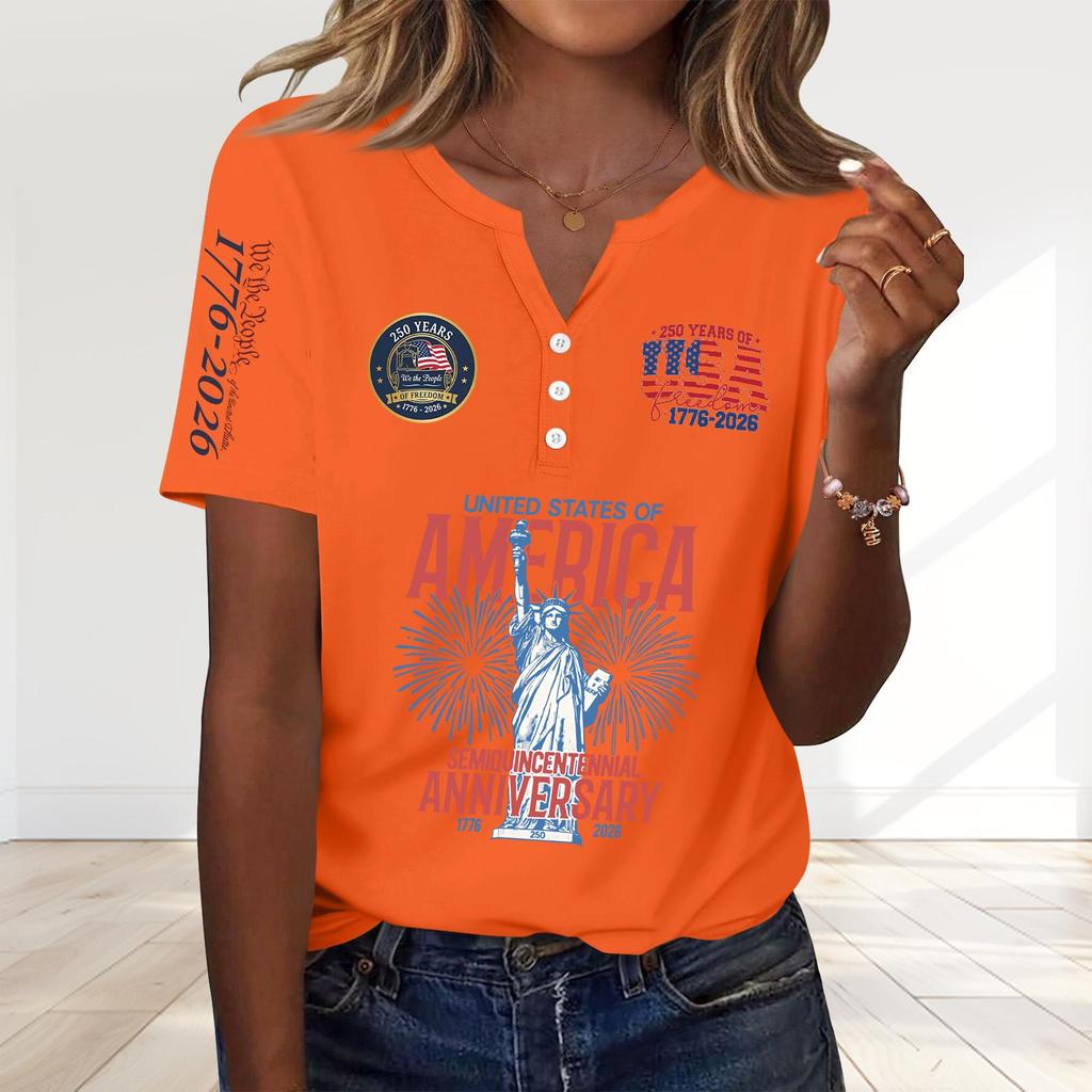 Women's Fashion Casual 250th Anniversary Independence Day Print V-Neck Short Sleeve Decorated Button-Up T-Shirt
