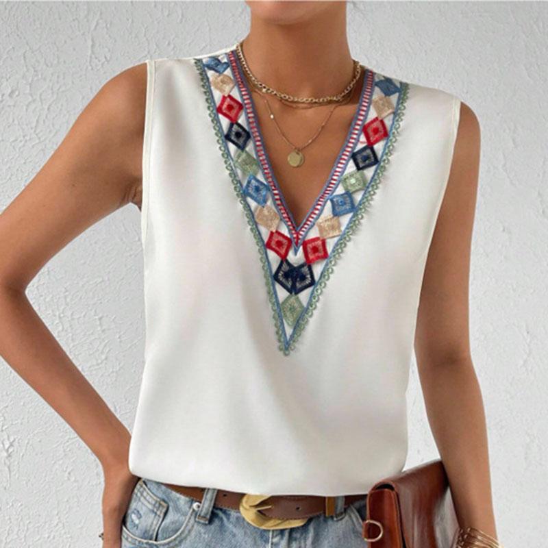 Women Tank Top Sleeveless V Neck Ethnic Tribal Embroidered Casual Summer Loose Blouse S белый