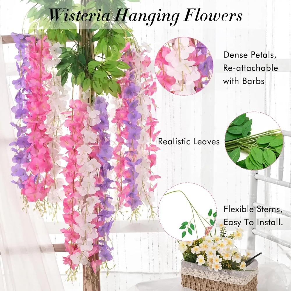 Wisteria Hanging Flowers Artificial Fake Decorative Vine Garland for Bedroom Wall Decor Lush Greenery Fake Flower Vines 3.6 Ft