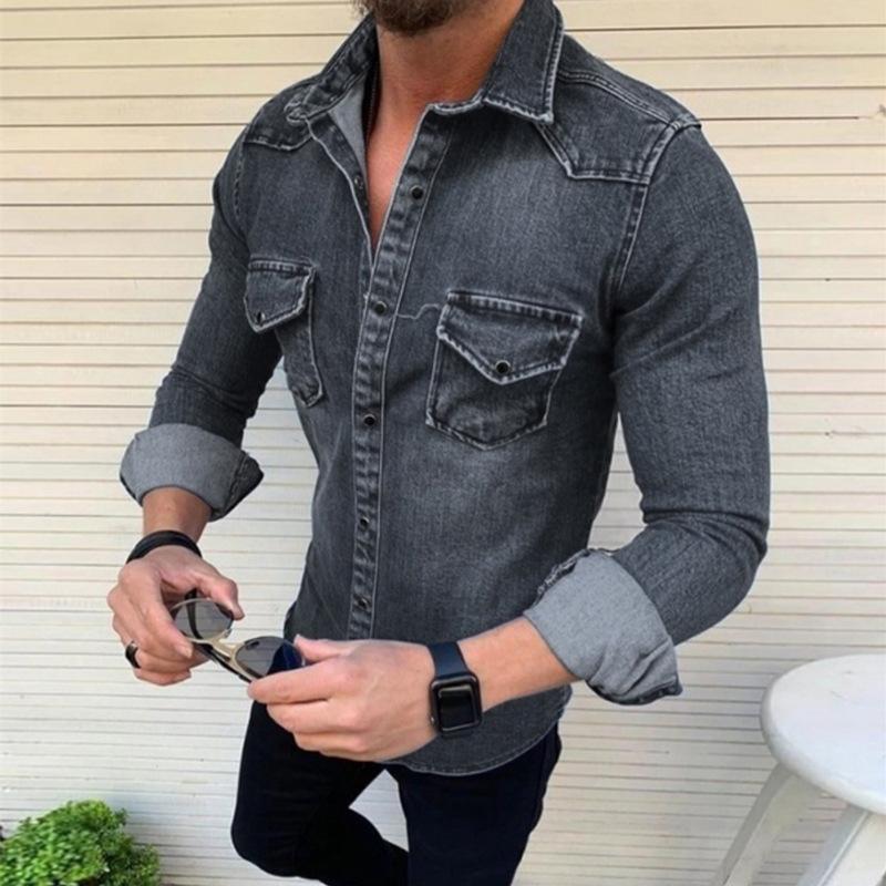 Men's Long-sleeved Slim Washed Denim Shirt Simple Casual Commuter Jacket