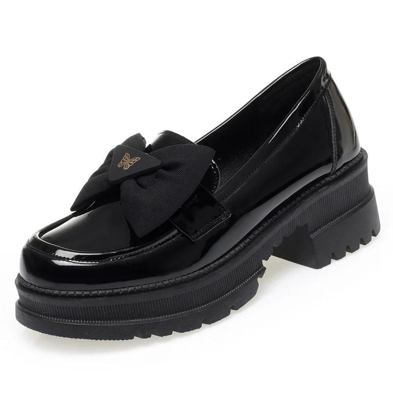 Fashion Spring Women British Style Shallow Patent Leather Black Loafers Thick Bottom Bow Platform Shoes 2024 Med Heels Single Pumps