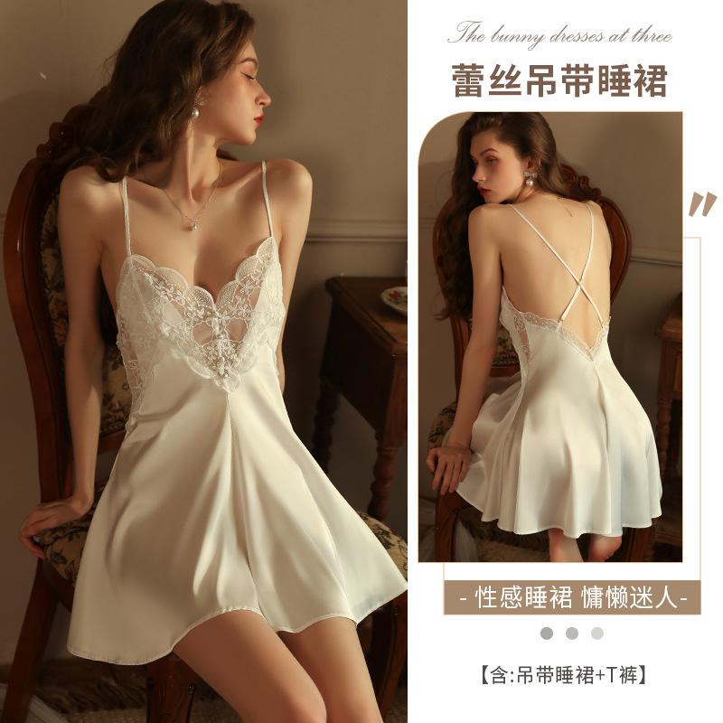 Dottie Suspender Nightdress Women's Summer Sexy Lace See-through Pajamas French High-end Ice Silk Loungewear Set