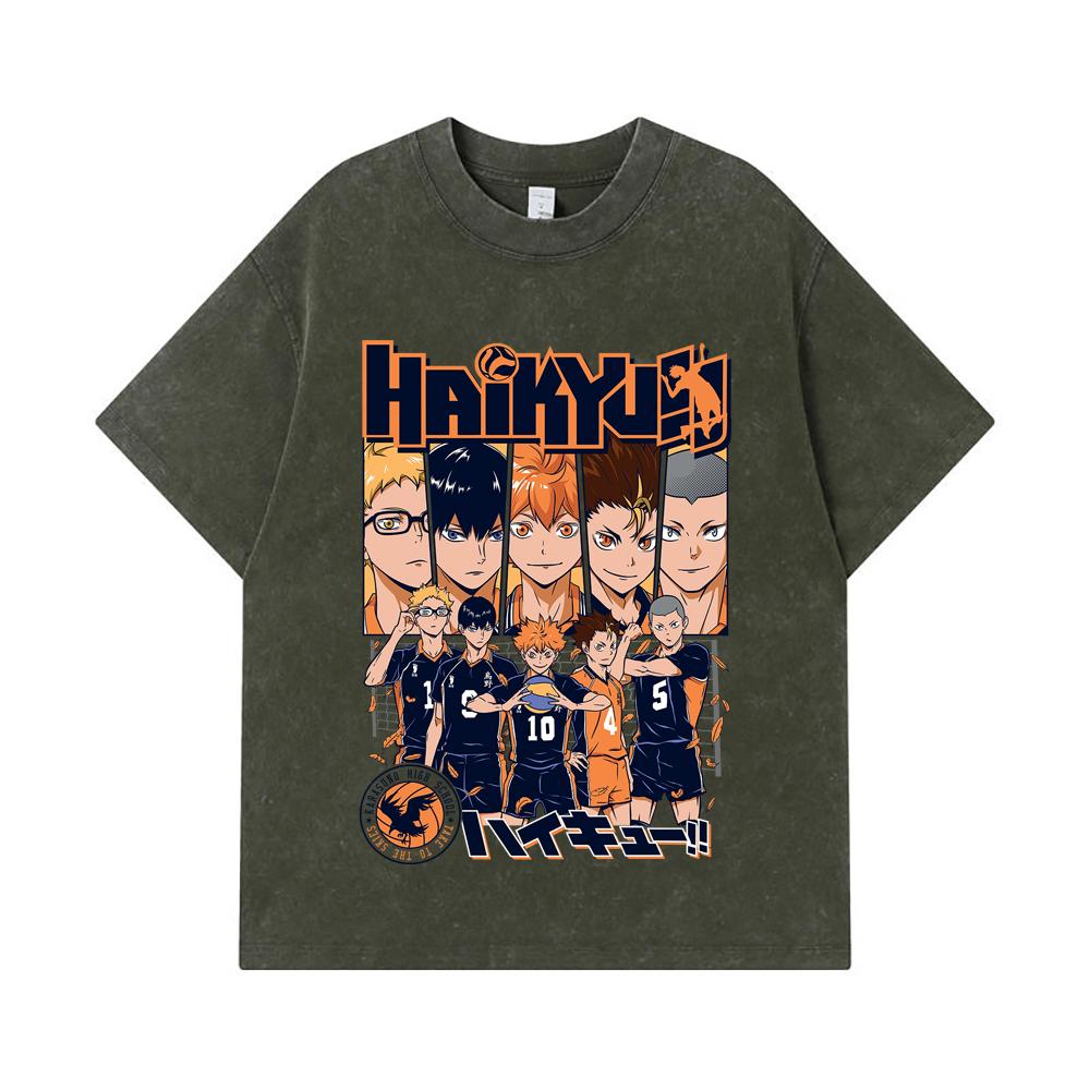 

275 GSM Washed T-shirts 100% Cotton Haikyu V7 Karasuno High Print Unisex Heavy Cotton T Shirt S армия зеленый