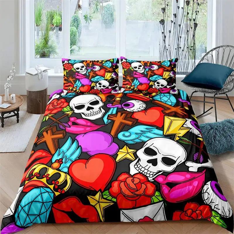 Sugar Skull Duvet Cover Luxury Gothic Skeleton Bedding Set Halloween Theme Floral Comforter Cover Twin Full For Girls Kids Teens