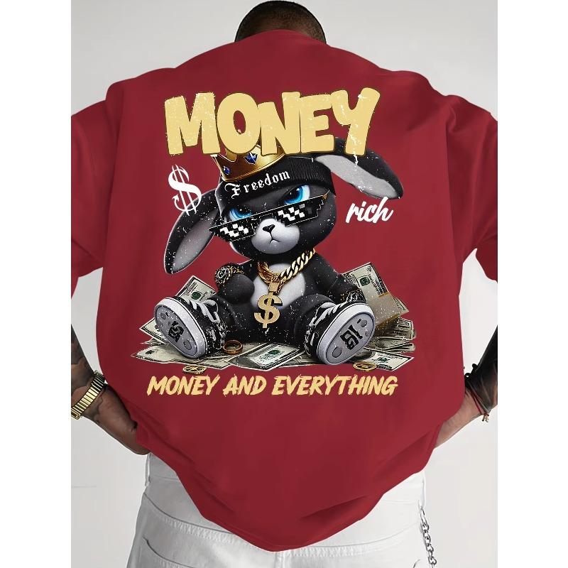 MONEY AND EVERYTHING T-Shirt – Black Oversized Short Sleeve Tee, Rich Bunny Rabbit Graphic with Crown & Dollar, Hip Hop Streetwear