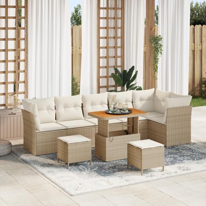 Ensemble de Canapé de Jardin 9 Pièces avec Coussins Beige en Rotin Synthétique Acacia, Ensemble de Salle à Manger de Jardin 3361506