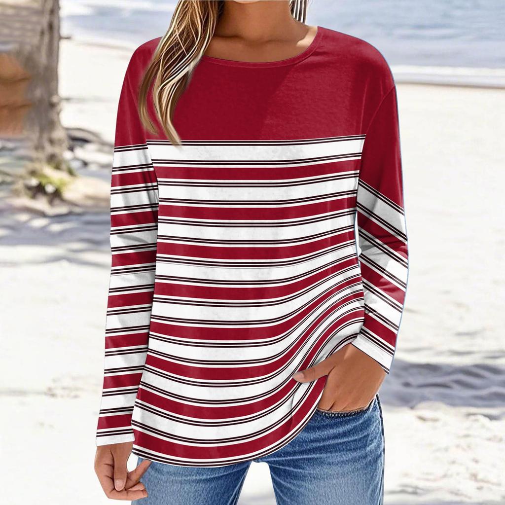 Women's Fashionable Casual Printed Long Sleeved Round Neck Top Round Neck Top Top