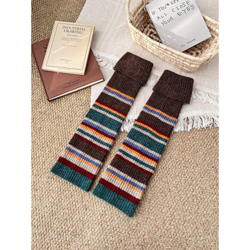 Wool Sock Sleeves - Women's Fall and Winter Warm Knitted Pile Socks with Retro Stripes - Long Tube Leg Coverings for Protecting The Legs