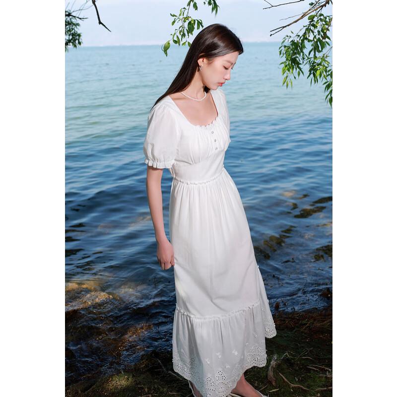 Sancai 2025 Summer Plus Size White Embroidered Cotton Square Neck Dress