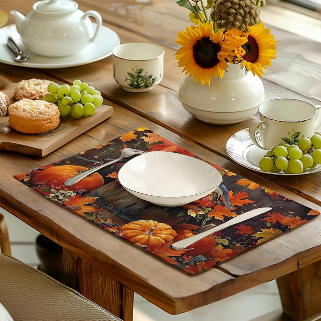 Pumpkin Maple Leaf Bird Fall Placemats Set of 4 Autumn Thanksgiving Seasonal Holiday Harvest Linen Table Mats Orange Brown Washable Place Mats for