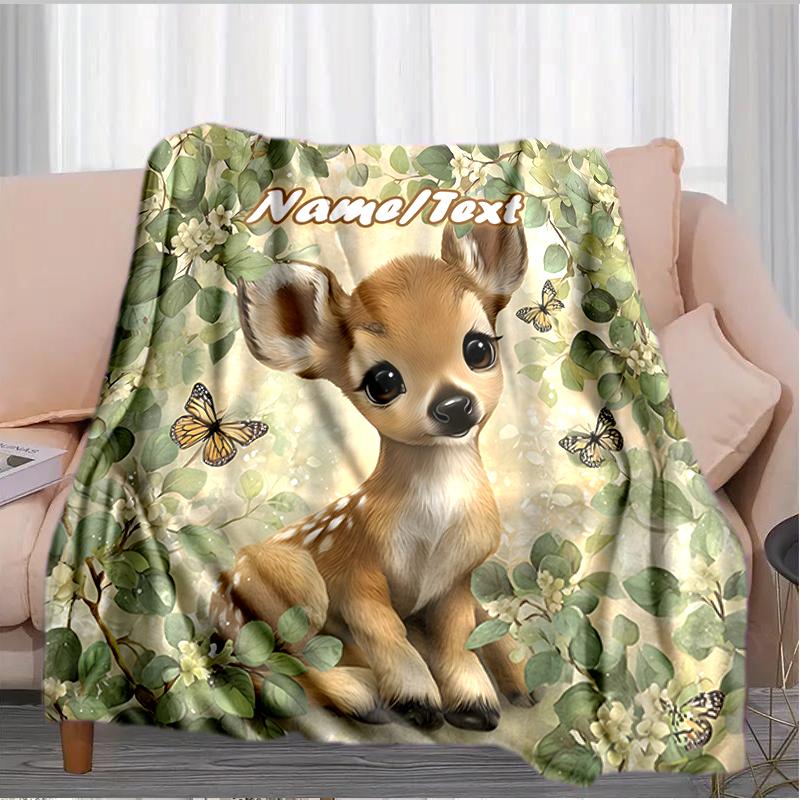 1PC Custom Name Baby Deer Nature Outdooor Flannel Blankets Throw Blanket All-Season Throw Gift Bedspread for Couch, Bed, Camping Holiday Birthday Gift