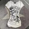 2KWEIRD Retro Hot Girl Vintage Punk Rock Short Sleeve Waist Cinched Skull Head Print American Style Top Women's T-shirt Crew Neck