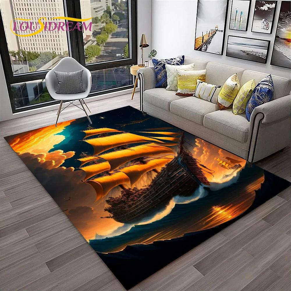 3D Piratenschiff Boot, Segelboot, Barke Teppich für Zuhause Wohnzimmer Schlafzimmer Sofa Fußmatte Dekor, Kinderbereich Teppich Rutschfeste Bodenmatte