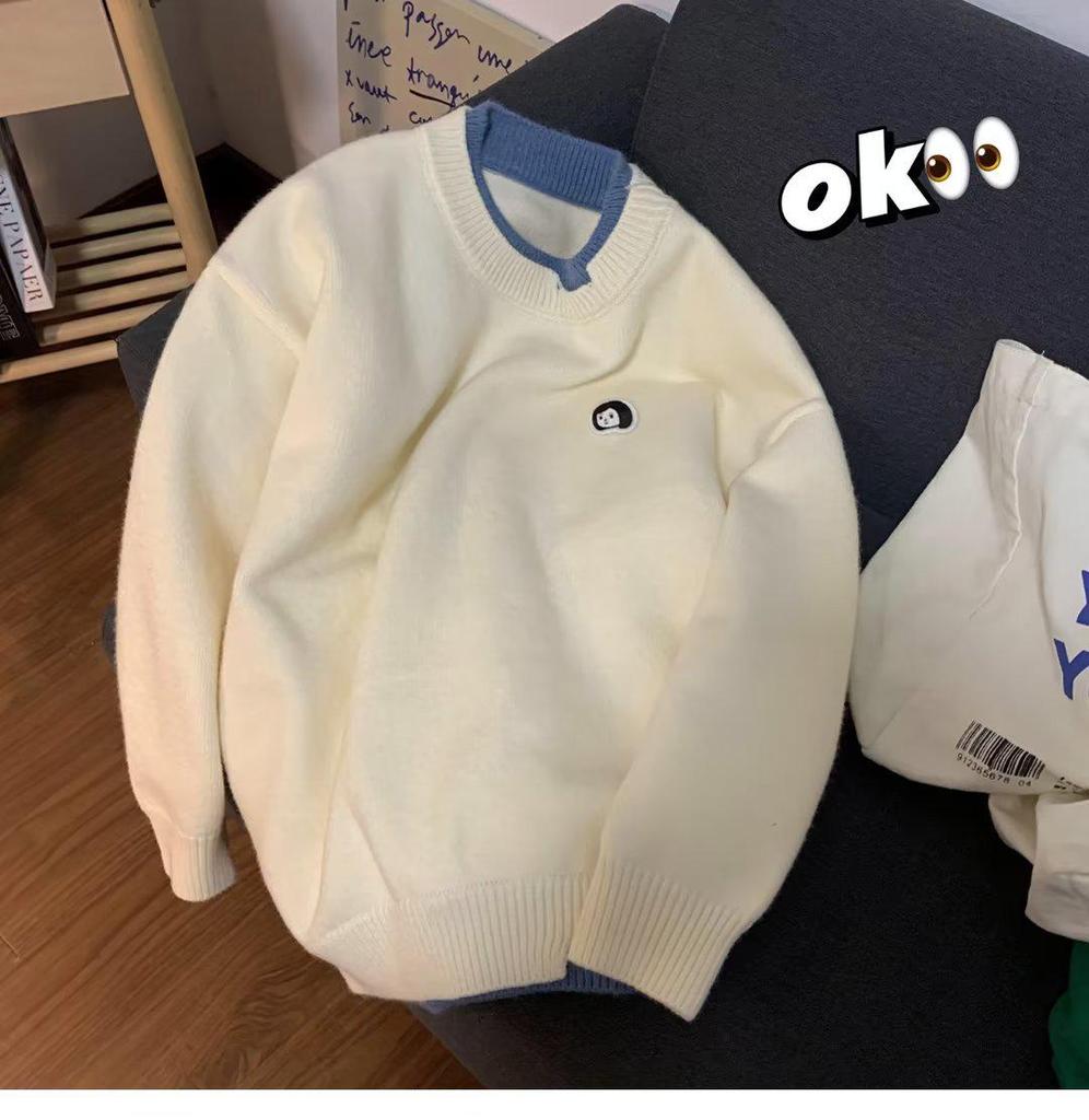 Men's Loose Fit Color Block Knit Sweater - Autumn/Winter Hong Kong Style with Round Neck, Couples Design