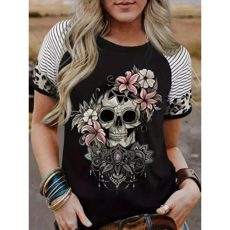 Skull 3D Printed Women's Round Neck Short Sleeved Hip-hop Style