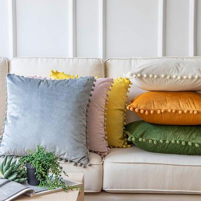 LMETJMA 1 Piece Burgundy Throw Pillow Covers with Pom Pom Velvet Euro Plush Cushion Covers for Sofa Couch Bedroom JT417