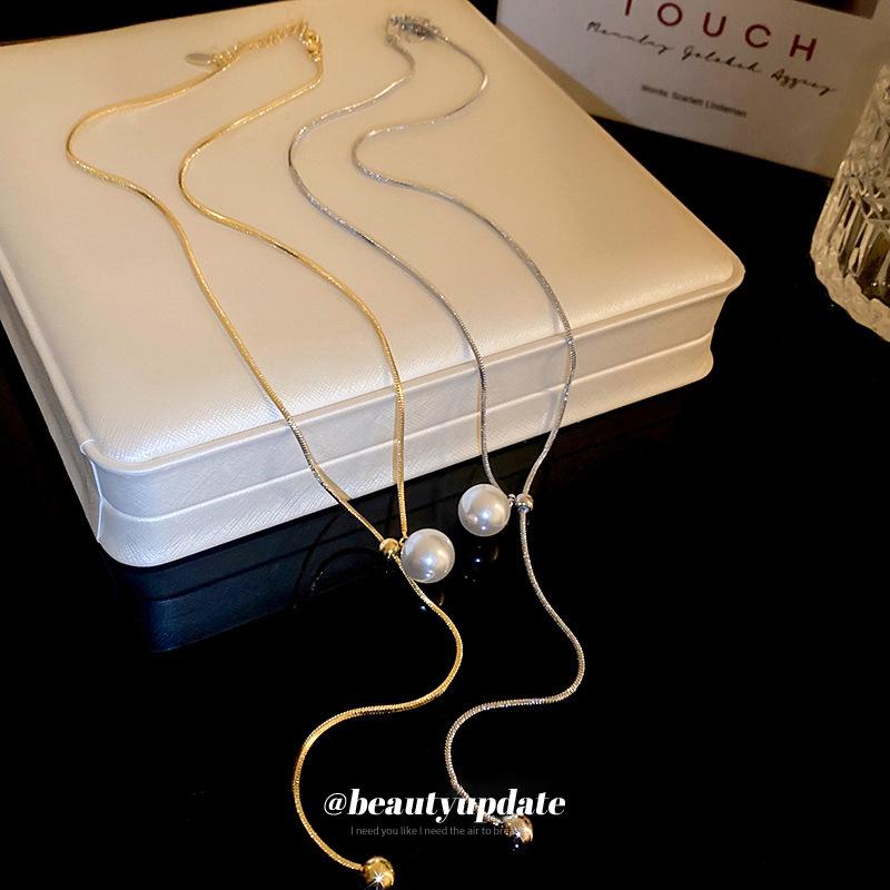 Elegant Pearl Snake Chain Adjustable Necklace - Fashionable Round Bead Design for Women