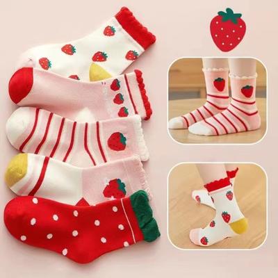 5Pairs/Set Kids Soft Cotton Socks Korean Love Heart Flower Print Baby Girls Strawberry Soft Socks Spring Summer Warm Children Middle Tube Socks